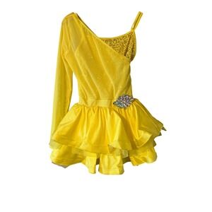 Weissman Yellow Sequin One Shoulder Dance Costume Leotard Dress Small adult